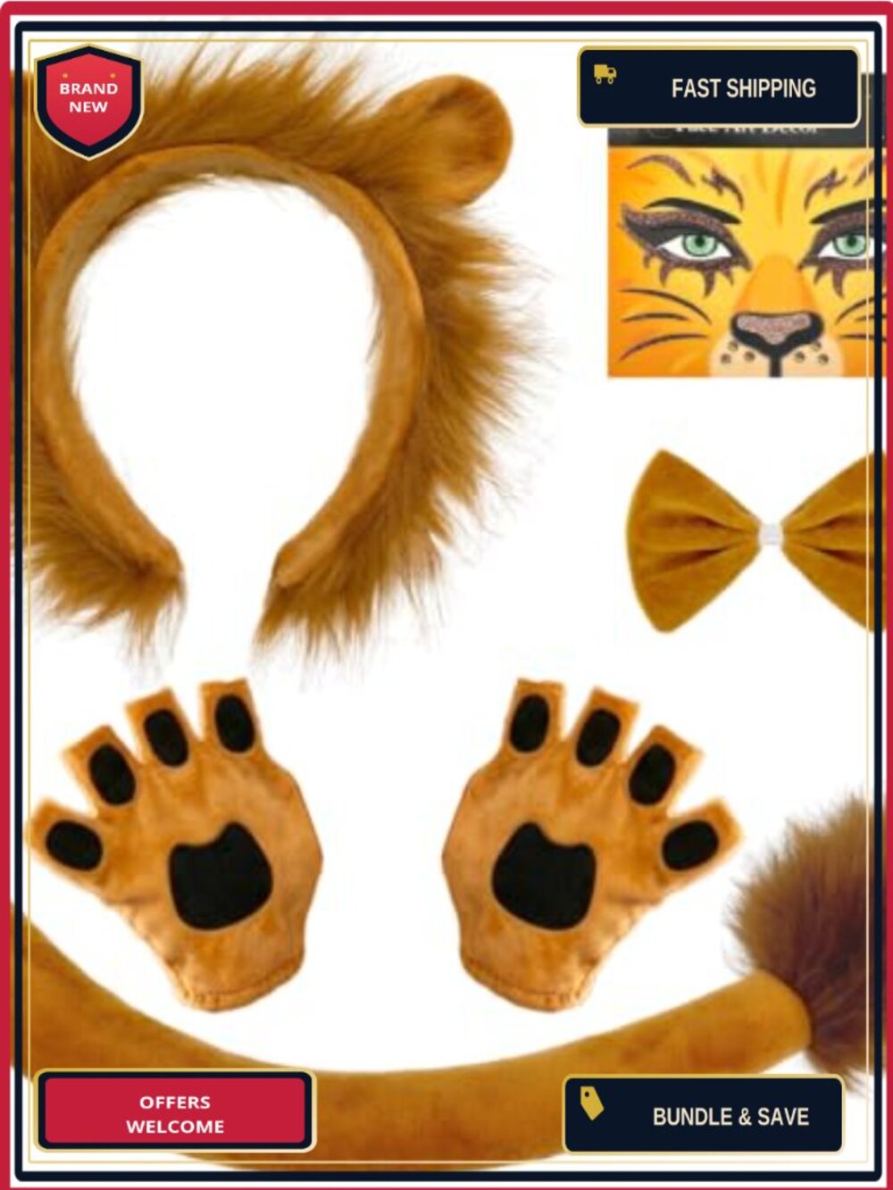 Adult Lion Costume Set Faux Fur Mane Headband Paw Gloves Tail Halloween